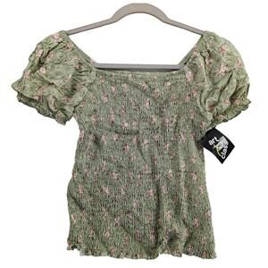 Art Class Puff Sleeve Woven Top Girls L Light Green Floral Smocked Bodice Staple
